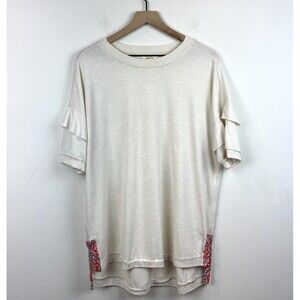 Matilda Jane Top Women’s Sz L Shirt Cream Short Sleeve Crew Neck Ruffled Sleeve